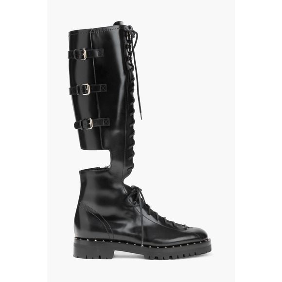 Valentino Garavani Soul Rockstud Cutout Glossed-Leather Knee Boots Black EU 39.5 - Picture 1 of 8